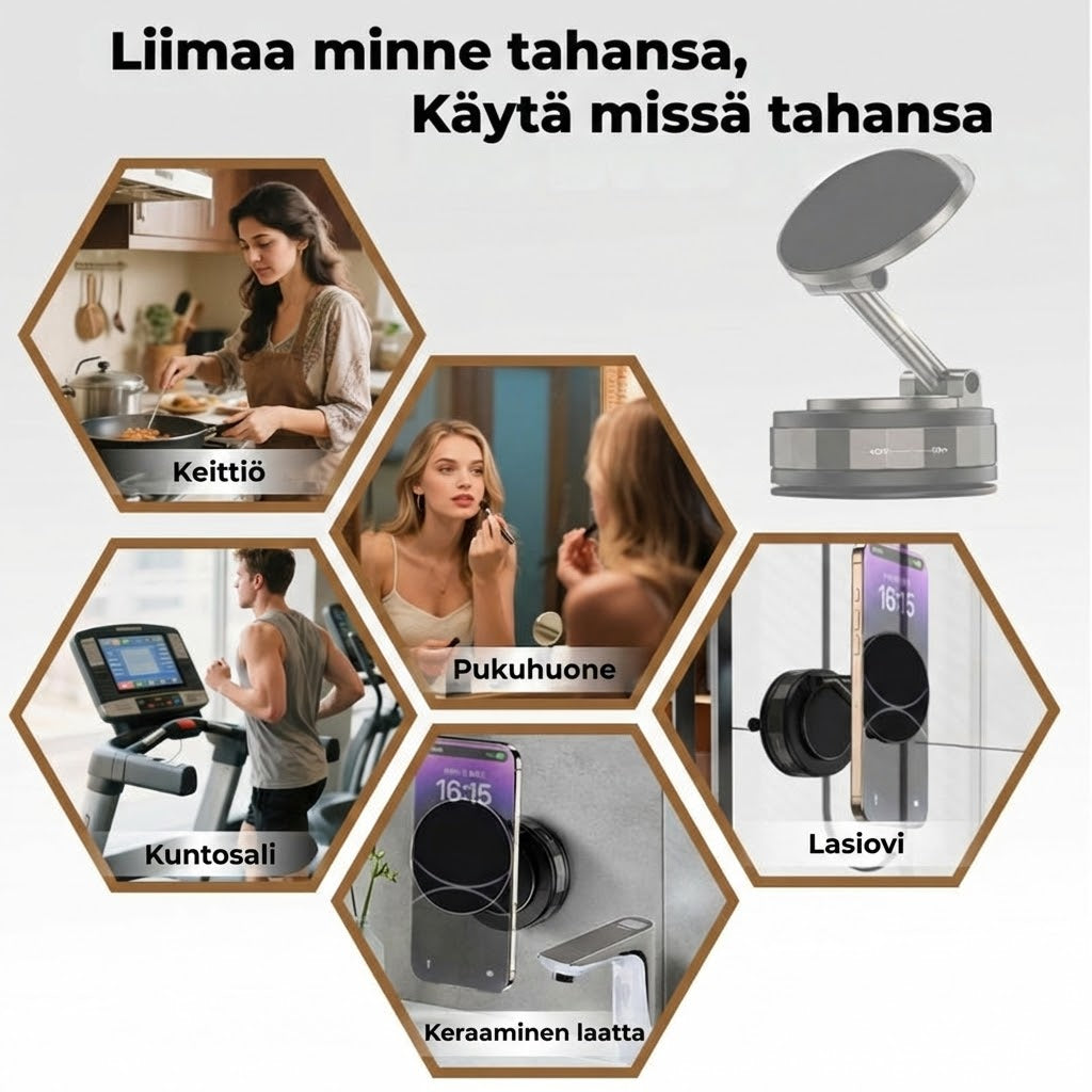 Magneettinen puhelinteline autoon – Tyhjiöimu ja magneettikiinnitys – 360° kääntyvä – Erittäin vakaa kojelaudalla ja tuulilasilla