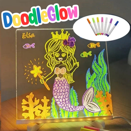 DoodleGlow™ Taianomainen LED-piirustuslauta - Hohtava piirustustabletti lapsille (Sis. tussit ja sapluunat)