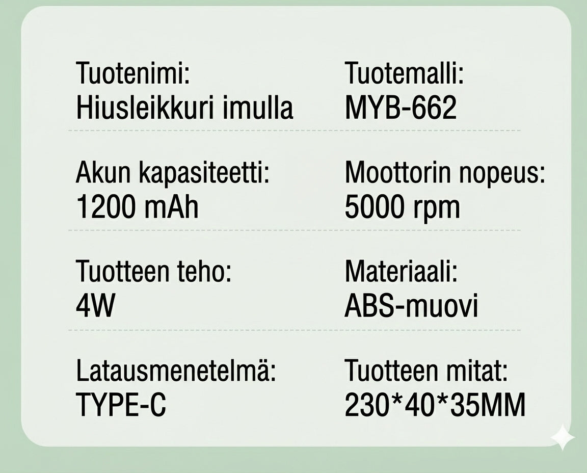 Imuri-toiminnolla varustettu hiustenleikkuri (ei sotkua)
