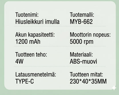Imuri-toiminnolla varustettu hiustenleikkuri (ei sotkua)