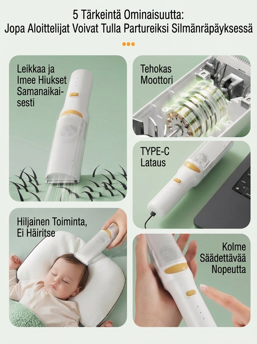 Imuri-toiminnolla varustettu hiustenleikkuri (ei sotkua)