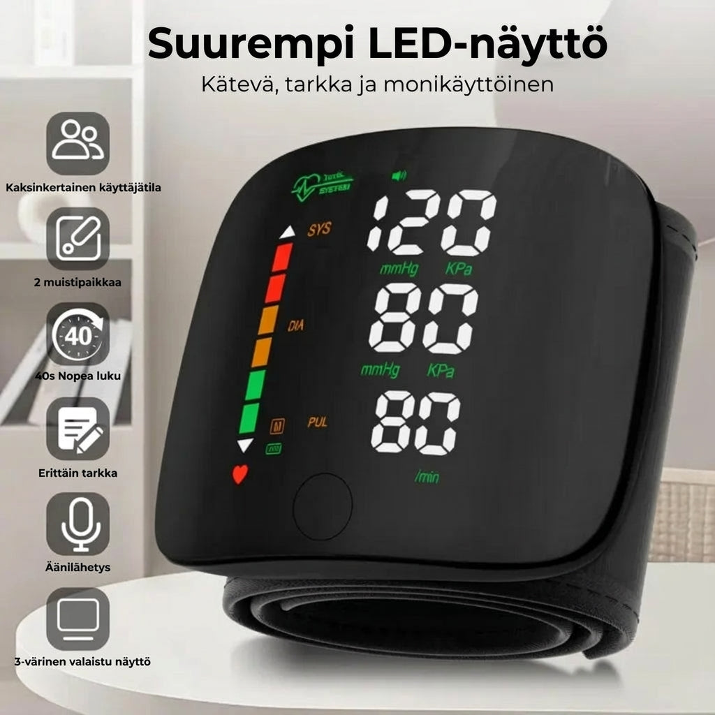 Digitaalinen ranneverenpainemittari – Suuri LED-näyttö ja muistitoiminto