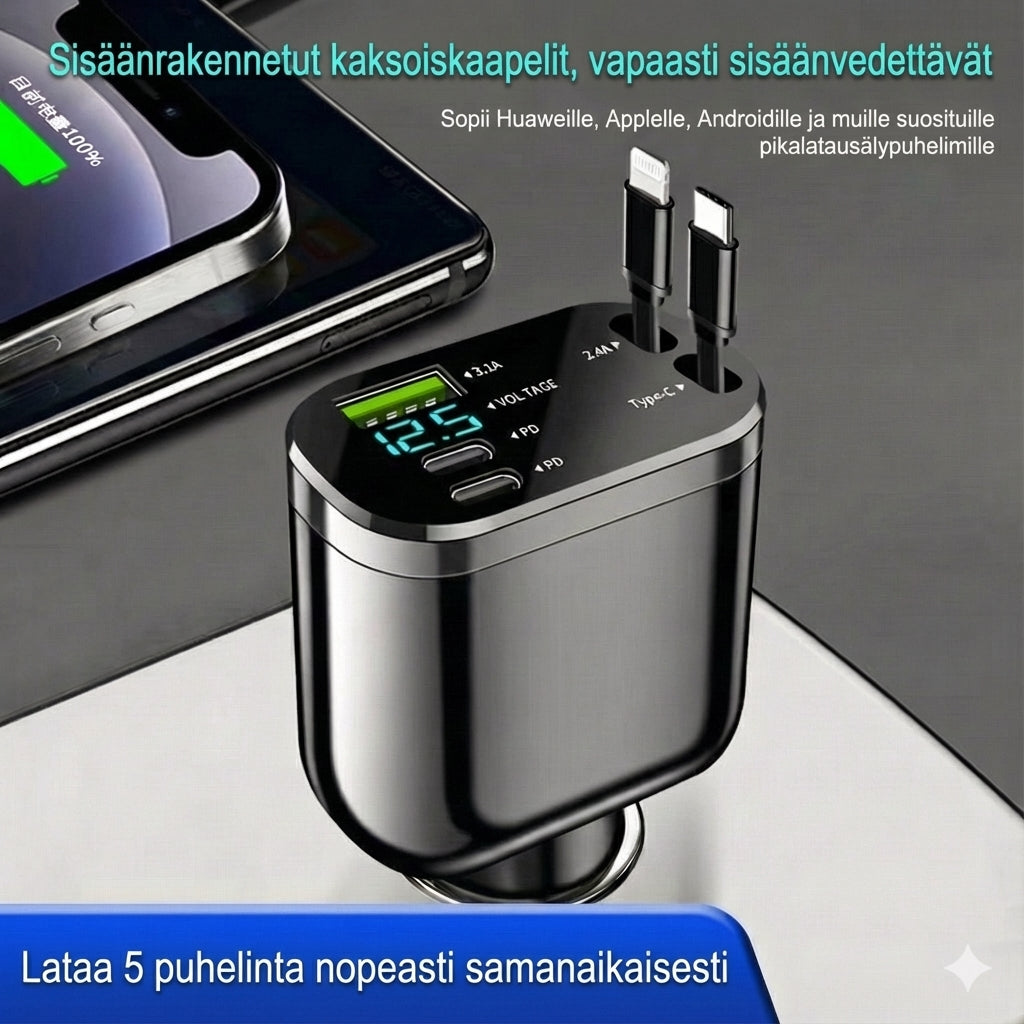 5-in-1 Autolaturi etu- ja takapenkille – Jatkojohdolla