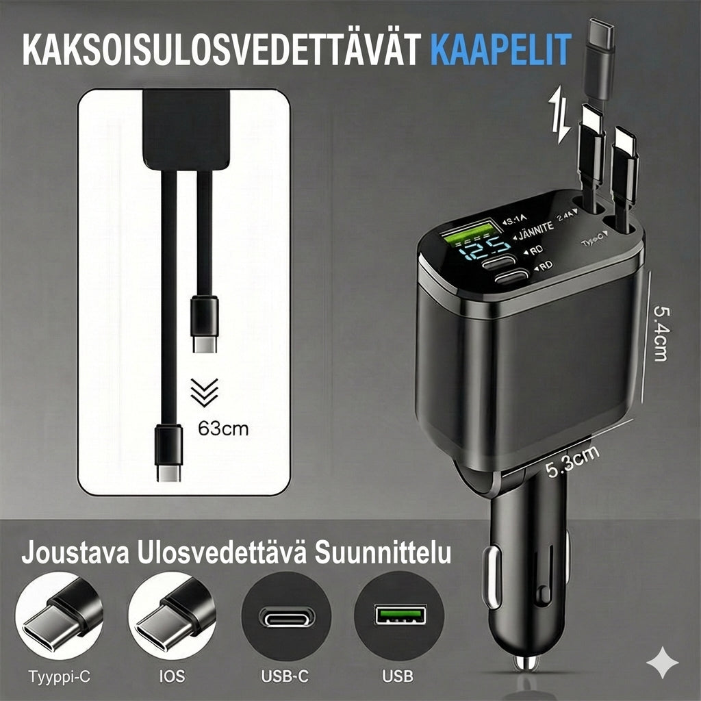 5-in-1 Autolaturi etu- ja takapenkille – Jatkojohdolla