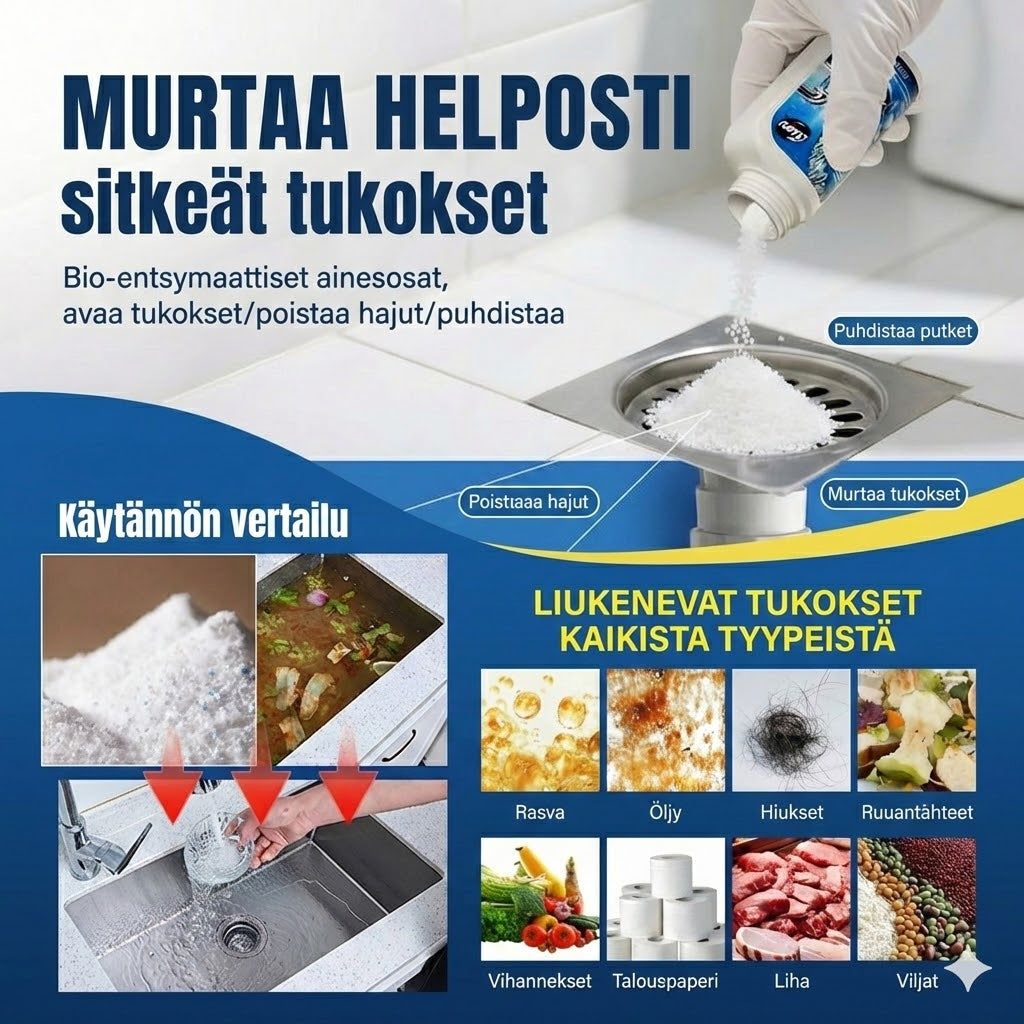 Tehokas viemärinavaaja – Nestemäinen avaaja keittiöön, suihkuun ja WC:hen (Liuottaa hiukset ja rasvan)