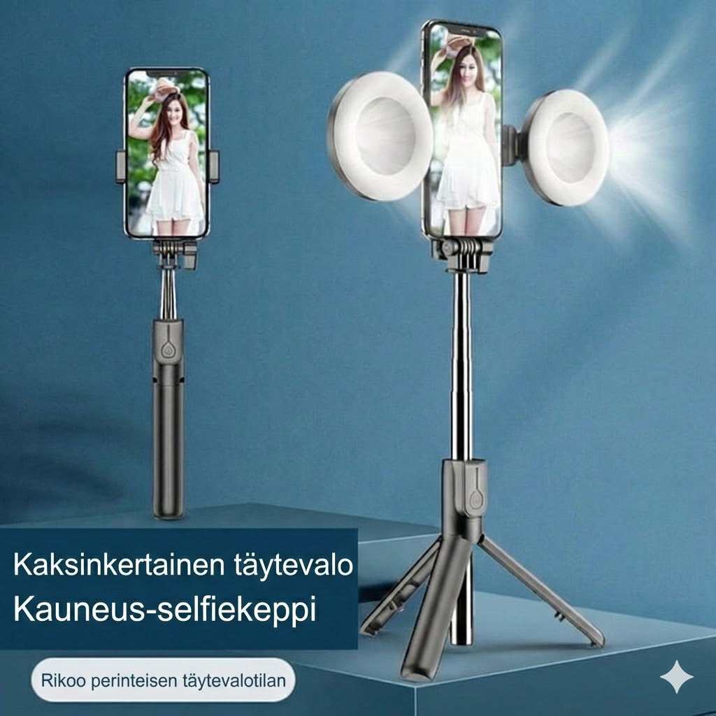 6-in-1 Selfie-keppi jalustalla ja valolla – Bluetooth-kolmijalka kaukosäätimellä (iPhone & Android)