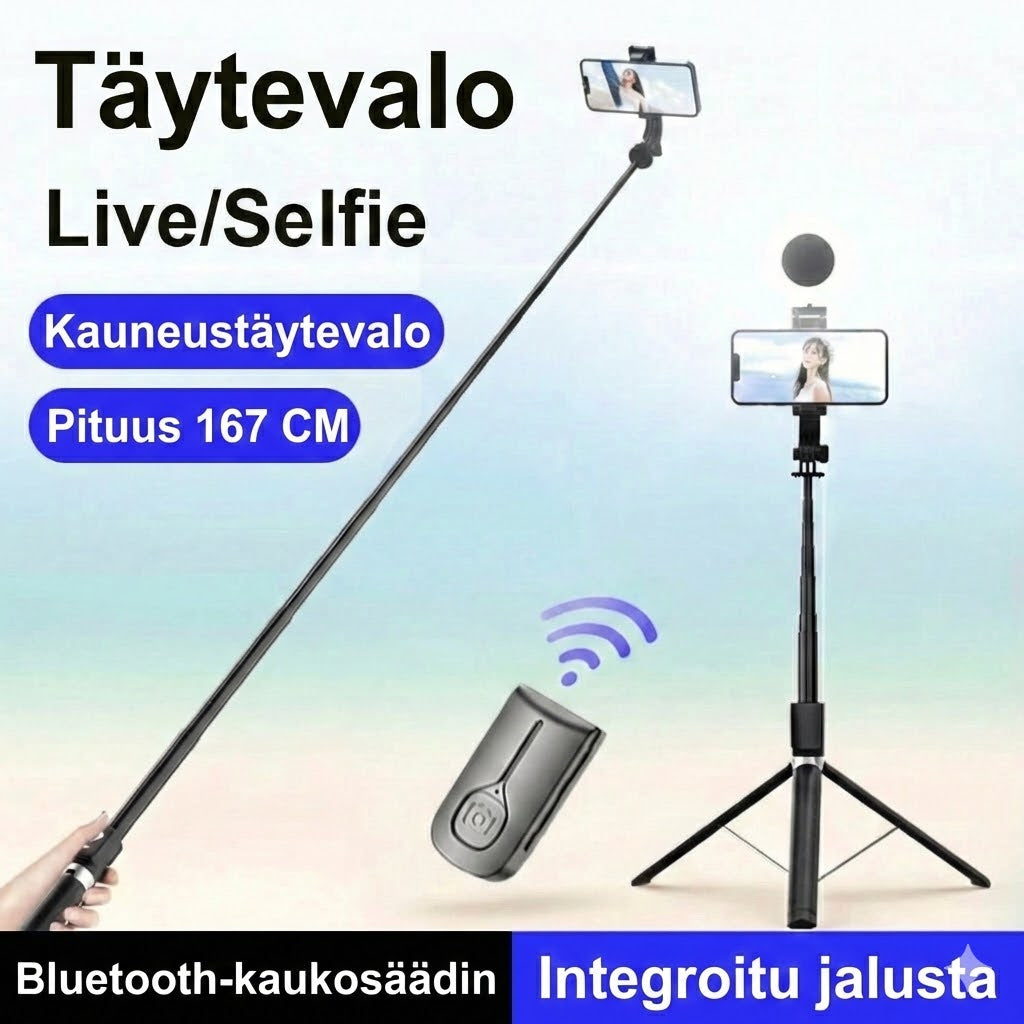 6-in-1 Selfie-keppi jalustalla ja valolla – Bluetooth-kolmijalka kaukosäätimellä (iPhone & Android)