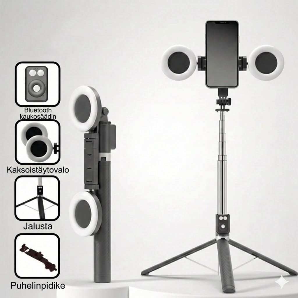6-in-1 Selfie-keppi jalustalla ja valolla – Bluetooth-kolmijalka kaukosäätimellä (iPhone & Android)