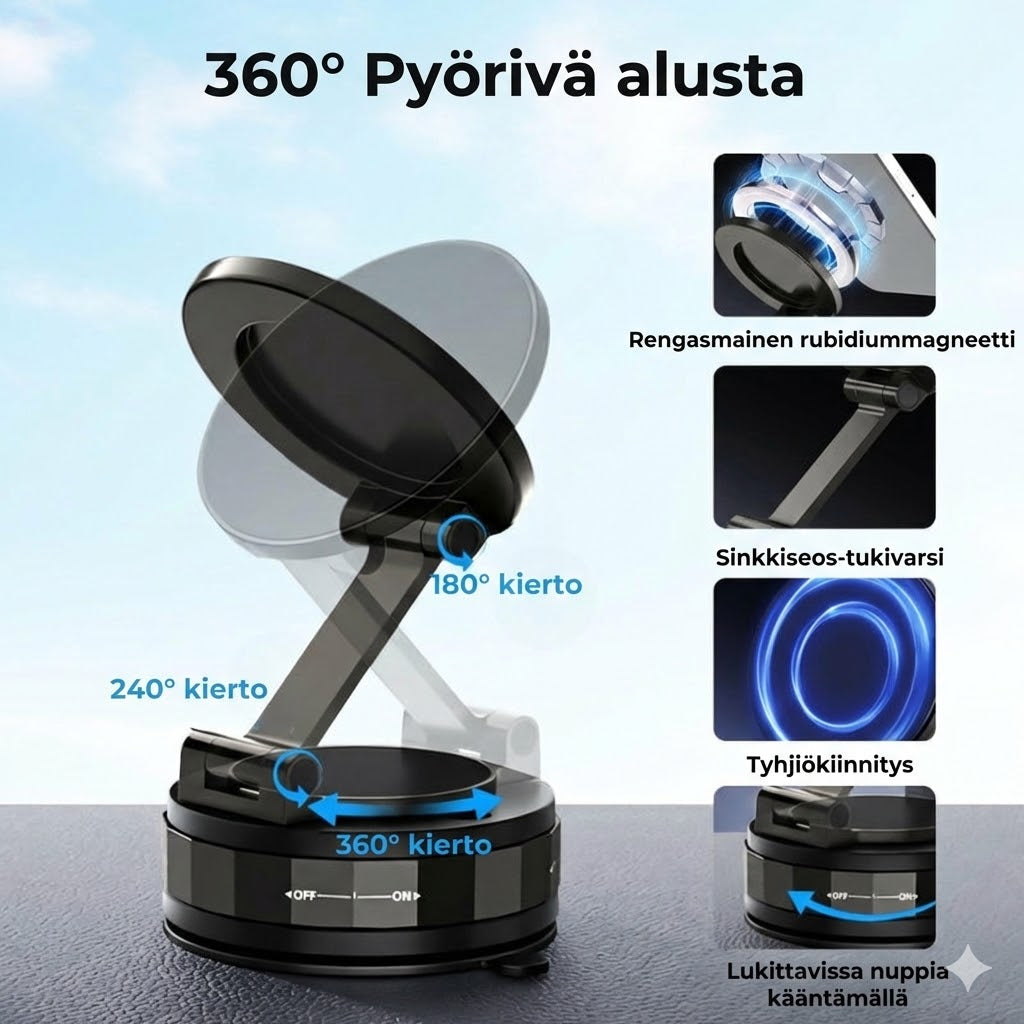 Magneettinen puhelinteline autoon – Tyhjiöimu ja magneettikiinnitys – 360° kääntyvä – Erittäin vakaa kojelaudalla ja tuulilasilla