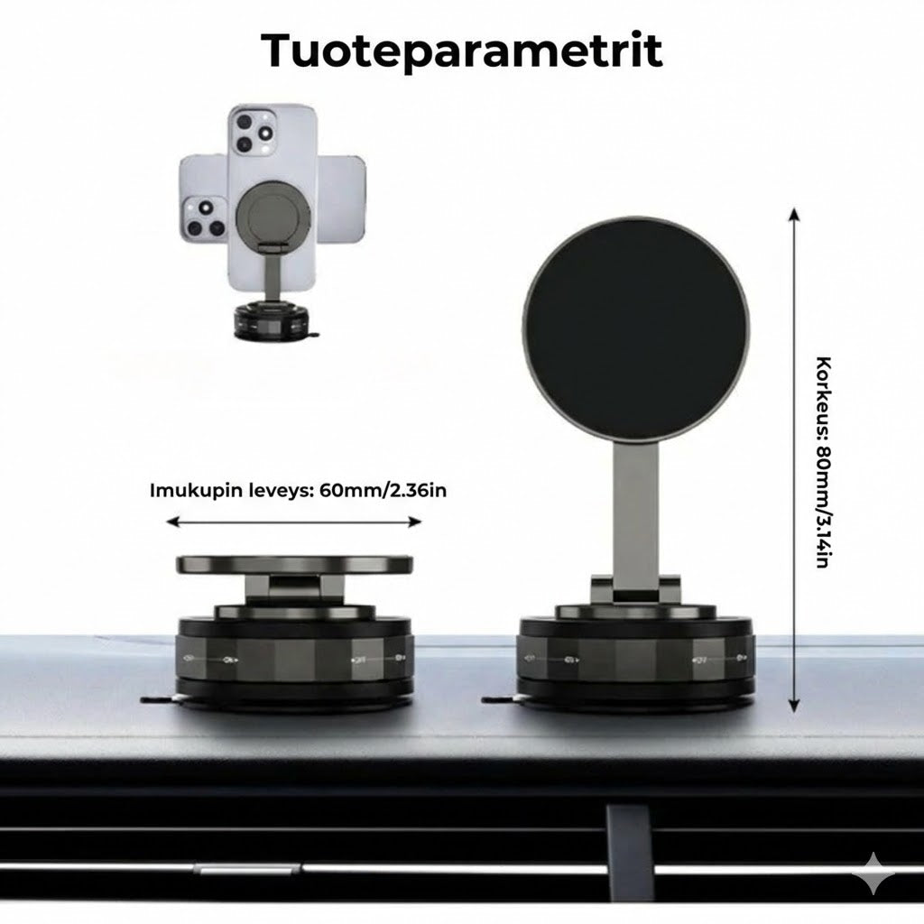 Magneettinen puhelinteline autoon – Tyhjiöimu ja magneettikiinnitys – 360° kääntyvä – Erittäin vakaa kojelaudalla ja tuulilasilla