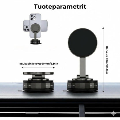 Magneettinen puhelinteline autoon – Tyhjiöimu ja magneettikiinnitys – 360° kääntyvä – Erittäin vakaa kojelaudalla ja tuulilasilla