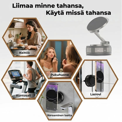 Magneettinen puhelinteline autoon – Tyhjiöimu ja magneettikiinnitys – 360° kääntyvä – Erittäin vakaa kojelaudalla ja tuulilasilla