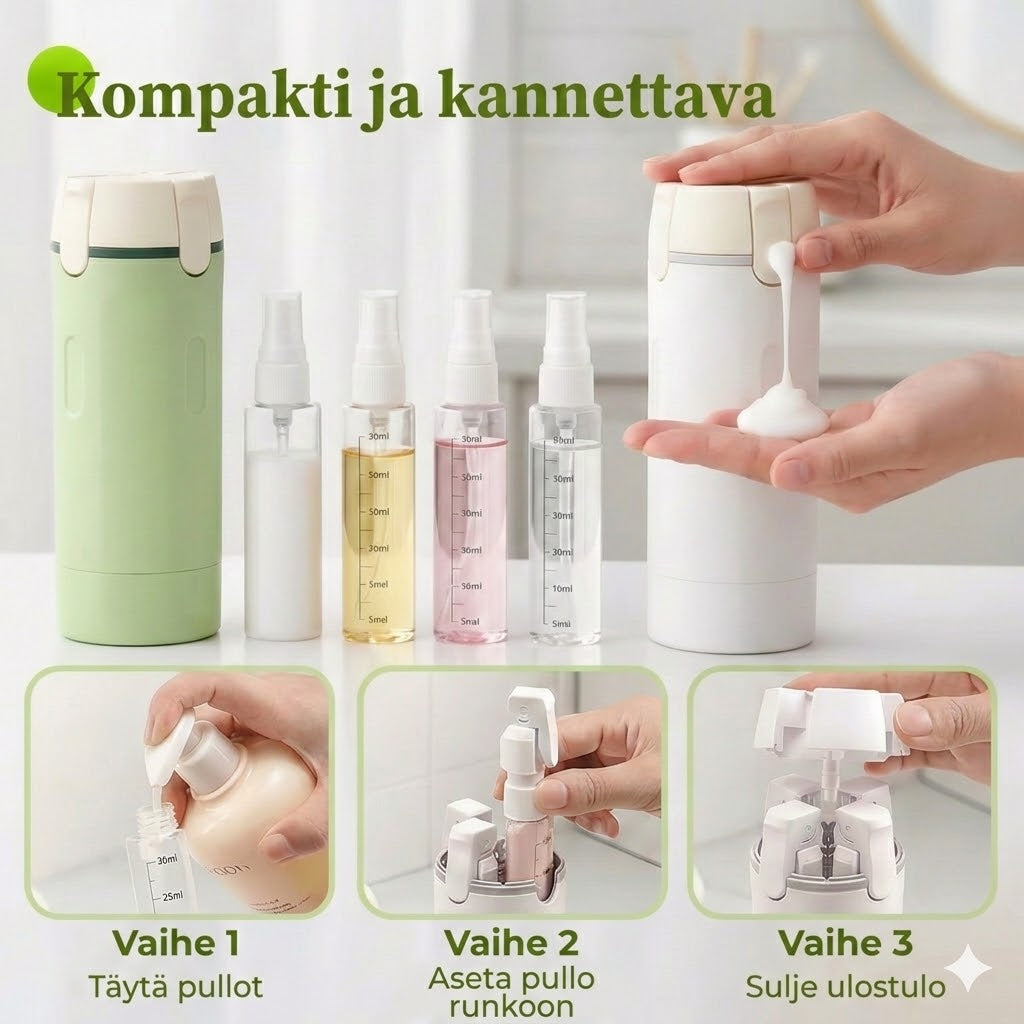4-in-1 Matkapullosetti käsimatkatavaroihin – Vuotamattomat silikoniset matkapullot