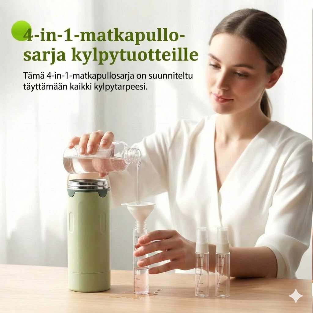 4-in-1 Matkapullosetti käsimatkatavaroihin – Vuotamattomat silikoniset matkapullot