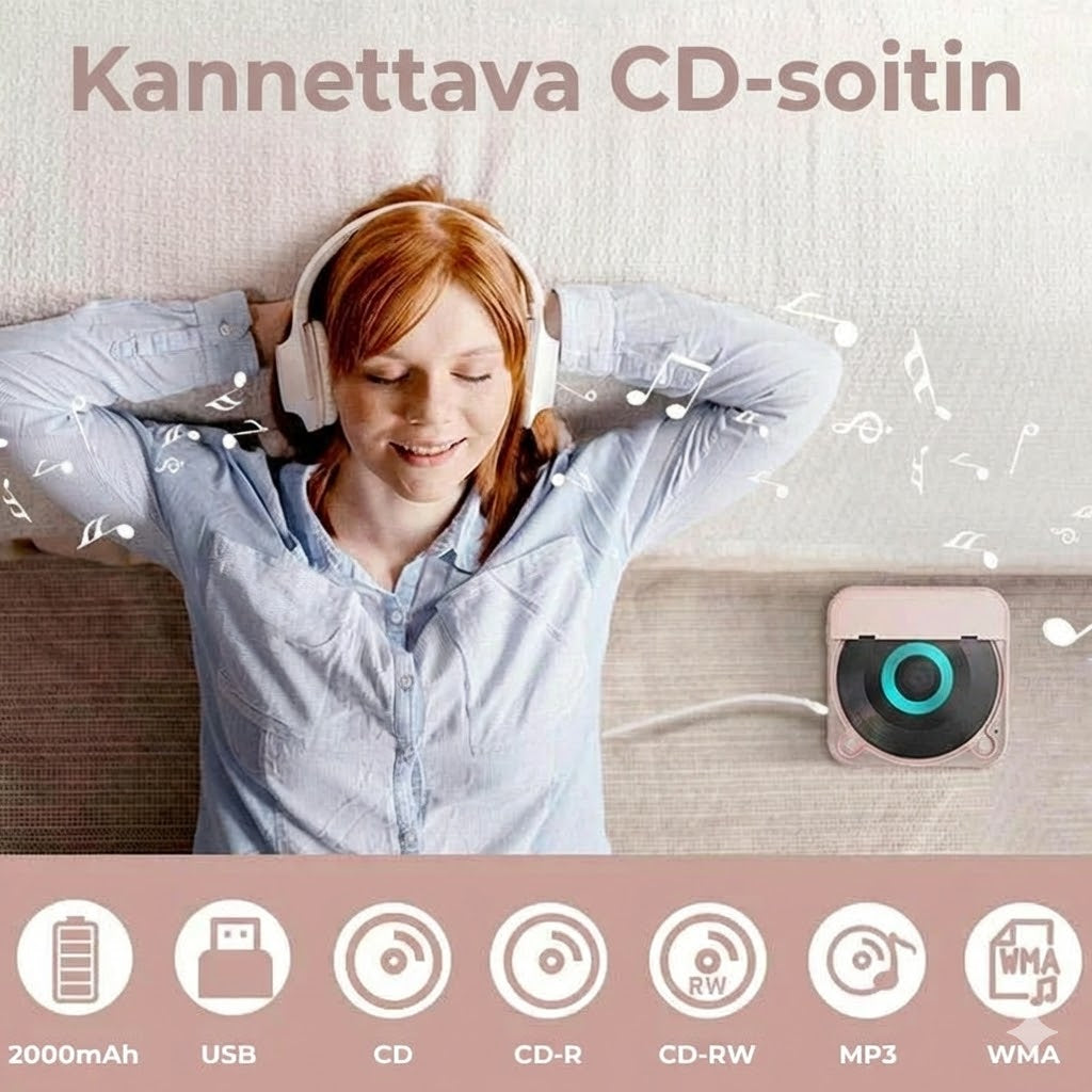 Kannettava CD-soitin Bluetoothilla – Ladattava Discman autoon ja matkalle (Anti-Shock)