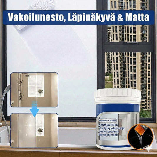 Huurrelasimaali – Nestemäinen ikkunakalvo yksityisyyteen (Maitolasi- & hiekkapuhallusefekti)