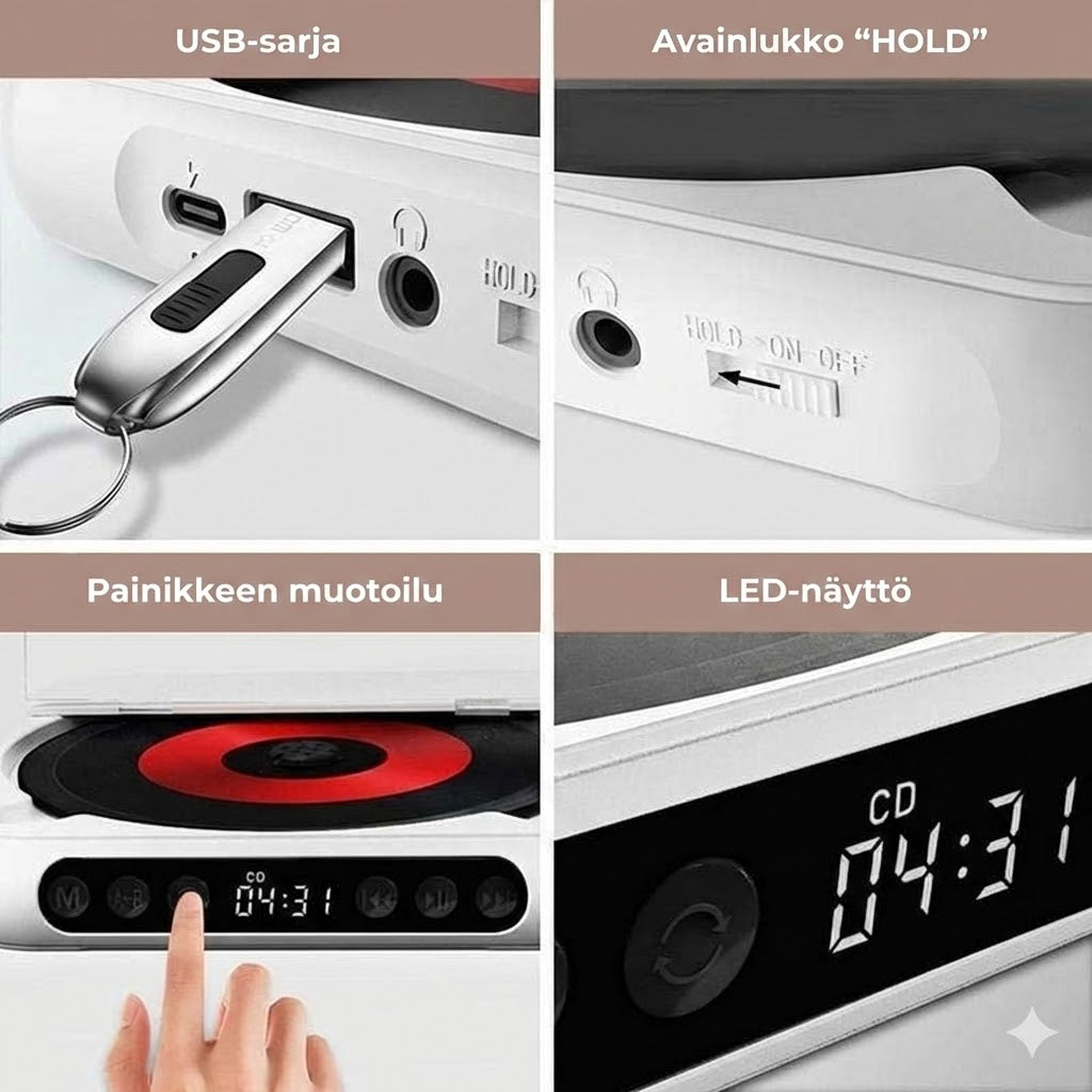 Kannettava CD-soitin Bluetoothilla – Ladattava Discman autoon ja matkalle (Anti-Shock)