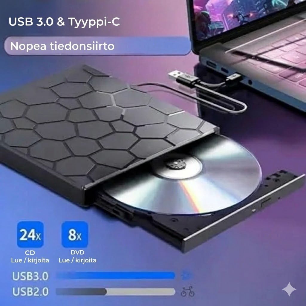 Ulkoinen DVD-asema & Tallentava DVD-asema 8-in-1 – USB-keskittimellä