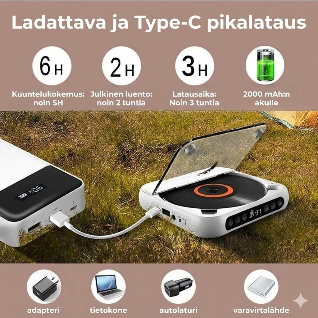 Kannettava CD-soitin Bluetoothilla – Ladattava Discman autoon ja matkalle (Anti-Shock)