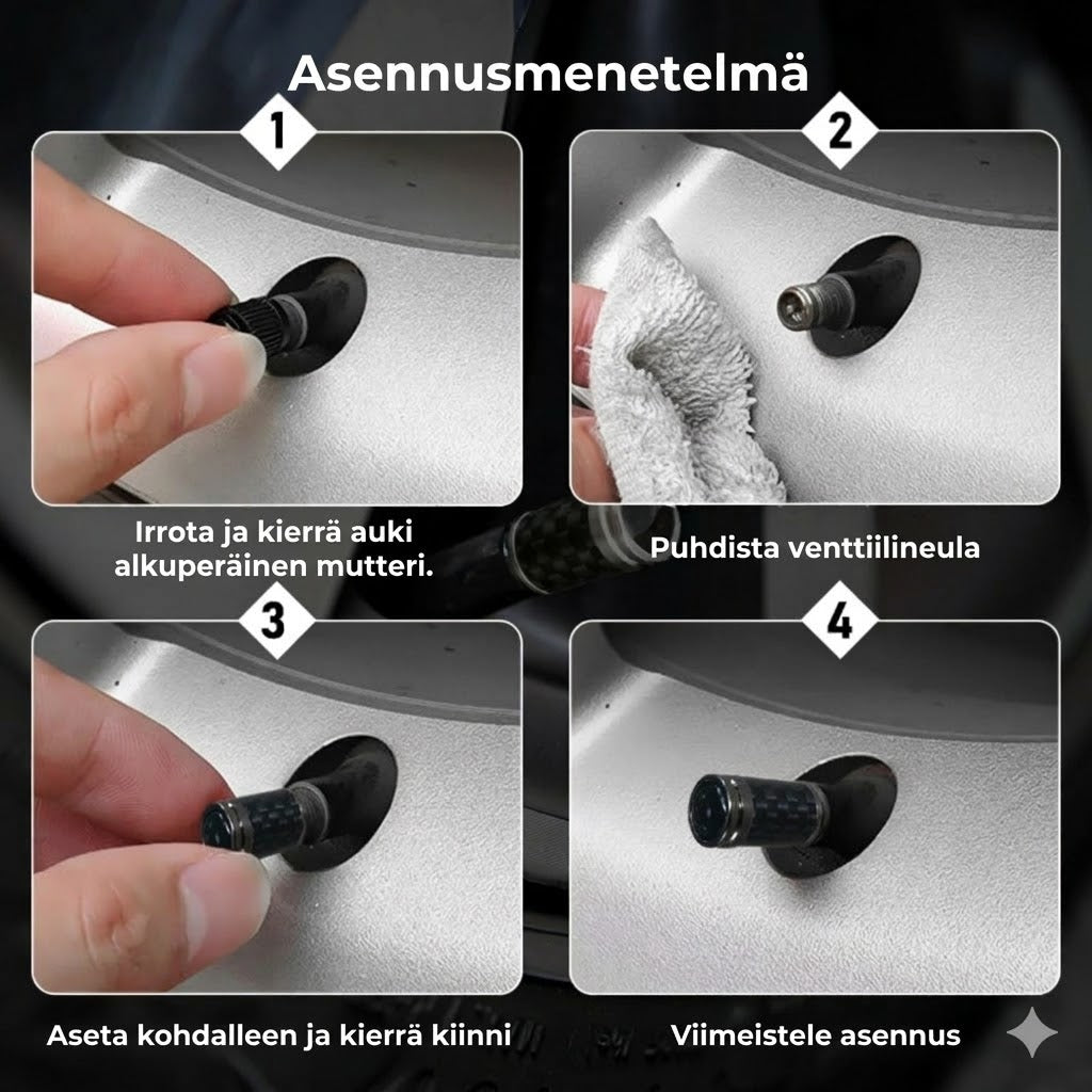 Ylellinen hiilikuituinen venttiilihattusarja – Hiilikuituilme – Yleismalli autolle, moottoripyörälle ja polkupyörälle – Urheilullinen pyöränsuoja – [4 kpl sarja]