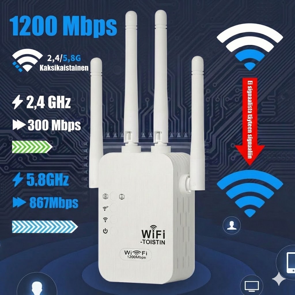 WiFi-vahvistin 1200 Mbps – Dual Band -toistin (5 GHz & 2,4 GHz) – Ethernet-portti & WPS
