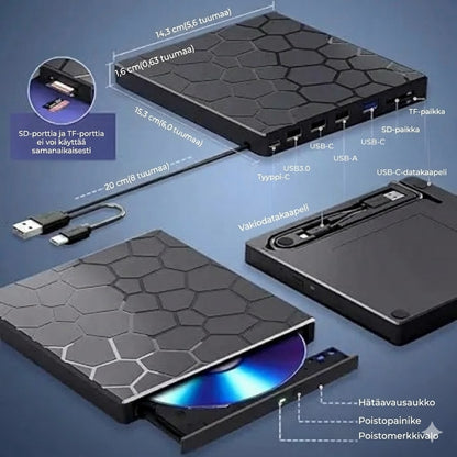 Ulkoinen DVD-asema & Tallentava DVD-asema 8-in-1 – USB-keskittimellä