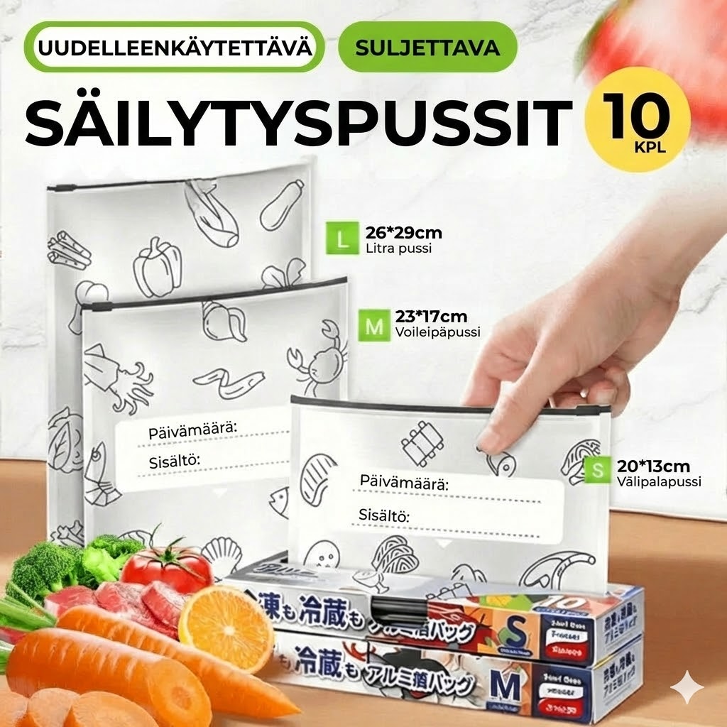 30 kpl uudelleenkäytettäviä ja suljettavia alumiinifoliopusseja