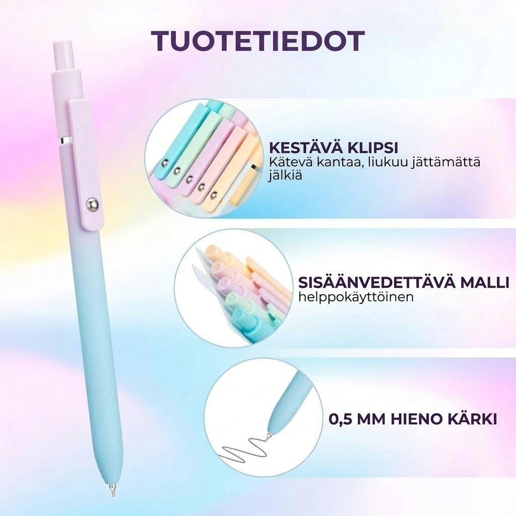 Ylellinen geelikynäsetti (5 kpl) - Esteettinen liukuväridesign - 0.5 mm nopeasti kuivuva muste