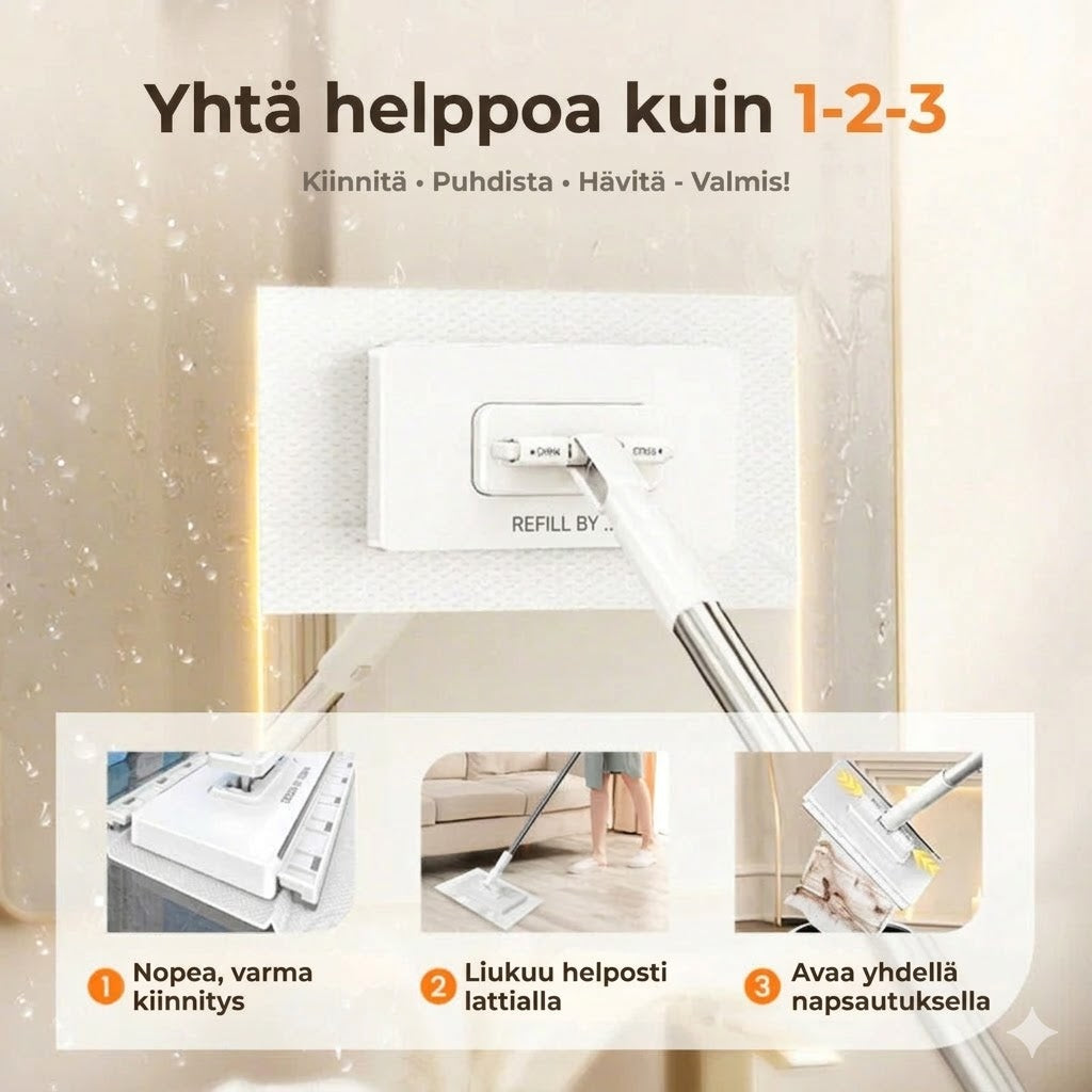 Kiinnitettävä moppisetti puristusmekanismilla