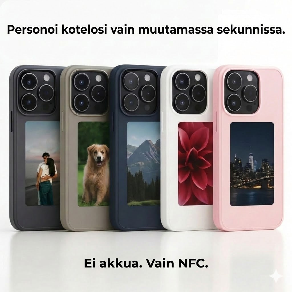 Pixly NFC E-Ink -suojakuori iPhonelle – Älykuori muokattavalla näytöllä (omat kuvat)