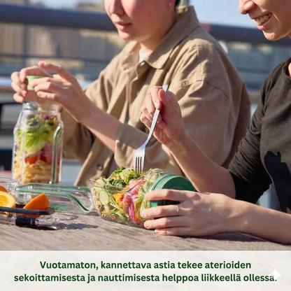 Salaattirasia mukaan - Vuotamaton eväsrasia lokeroilla ja kastikekupilla (Astianpesukoneen kestävä)