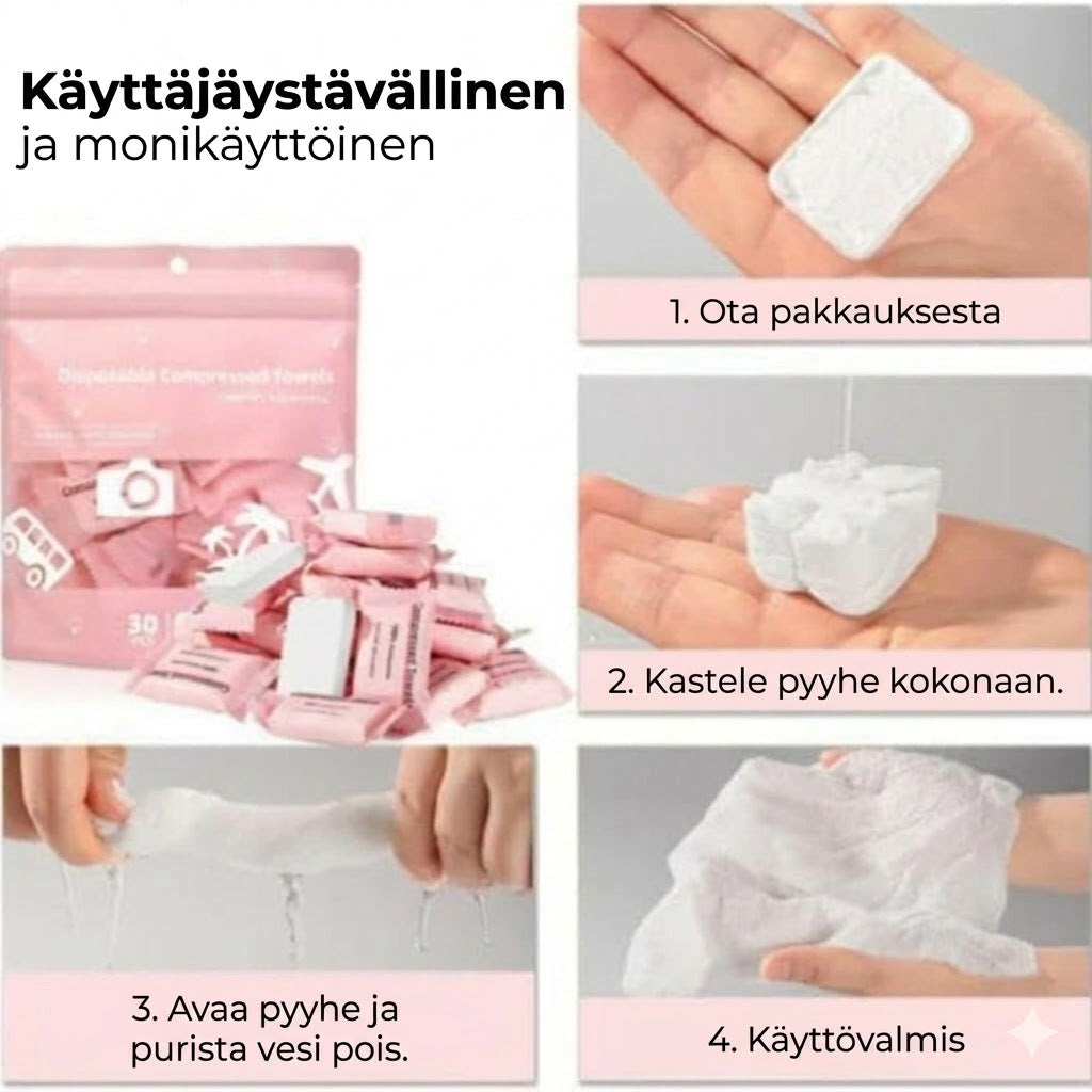 Puristetut pyyhetabletit - Kompaktit matkapyyhkeet retkeilyyn ja ulkoiluun
