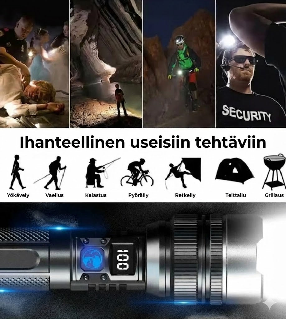Taktinen taskulamppu powerbank-toiminnolla