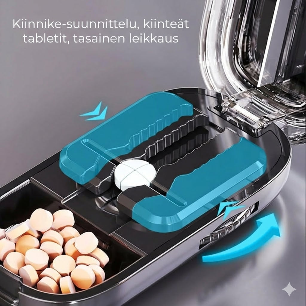 2-in-1 Pillerileikkuri & Pillerinhalkaisija – Säädettävissä kaikille kooille – Tarkka leikkaus (Läpinäkyvä)