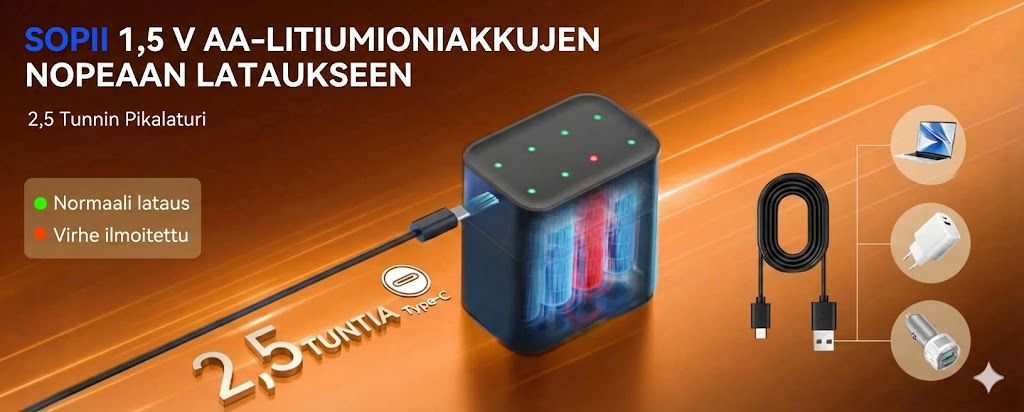 Akkulaturisetti ja 8 ladattavaa AA-akkua – 2,5 tunnin pikalaturi (Yhteensopiva AA- ja AAA-akkujen kanssa)