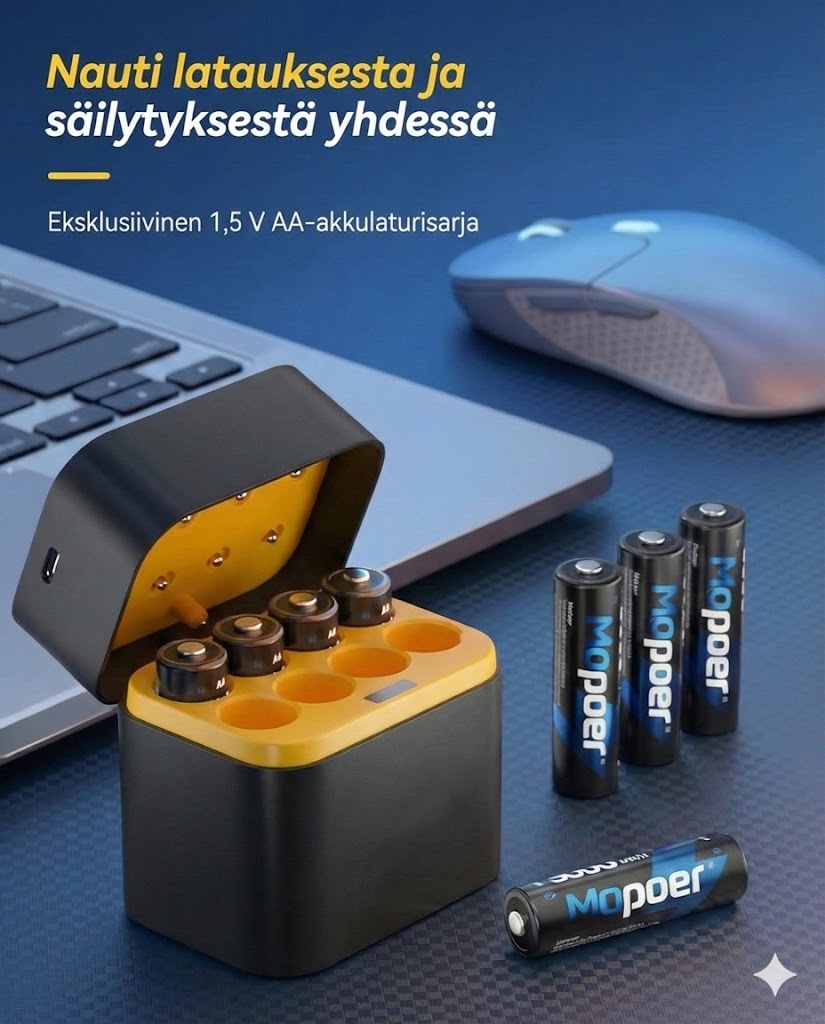 Akkulaturisetti ja 8 ladattavaa AA-akkua – 2,5 tunnin pikalaturi (Yhteensopiva AA- ja AAA-akkujen kanssa)